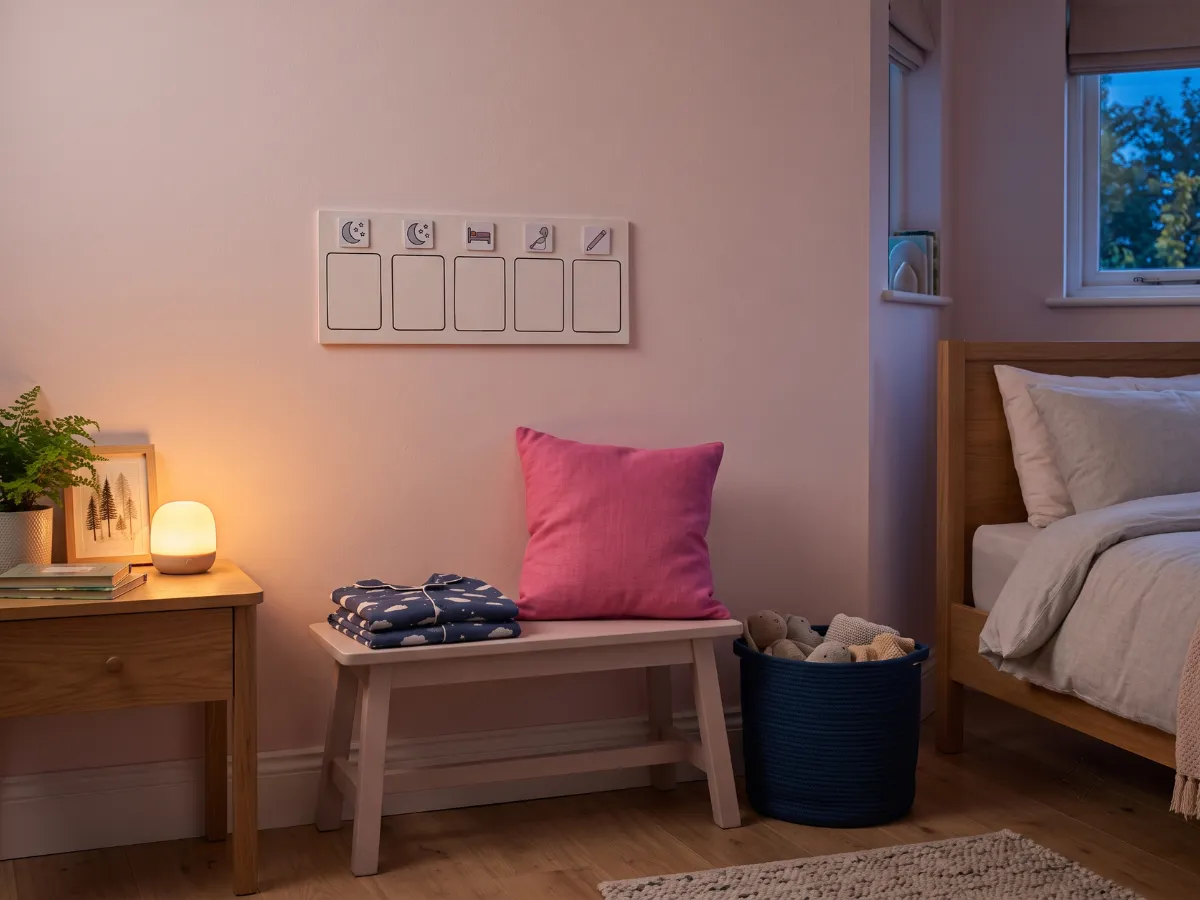 Kids bedtime corner with blank routine chart, folded pajamas and nightlight glow