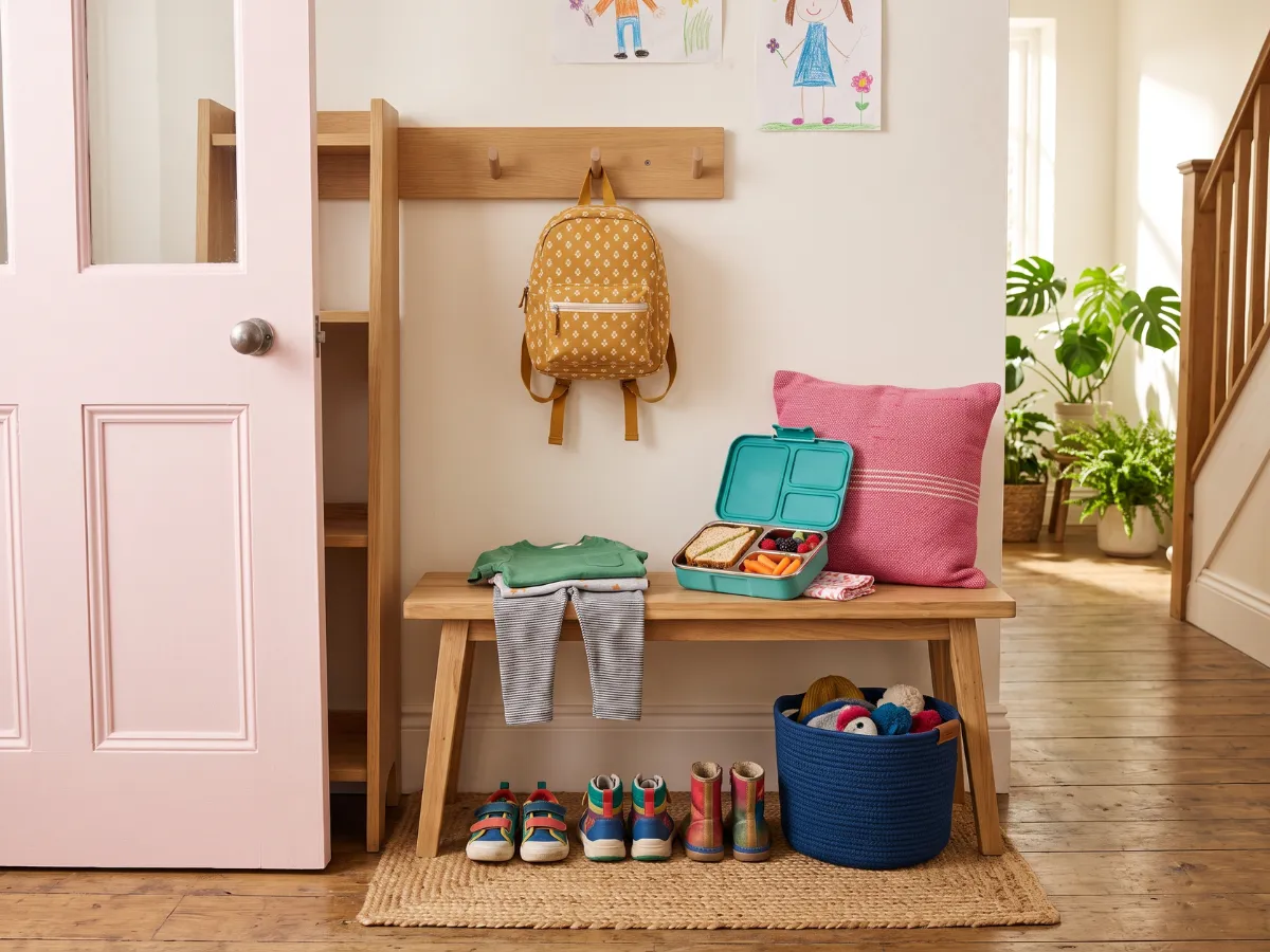 School morning launch pad with backpack, laid-out clothes and packed lunchbox by the door