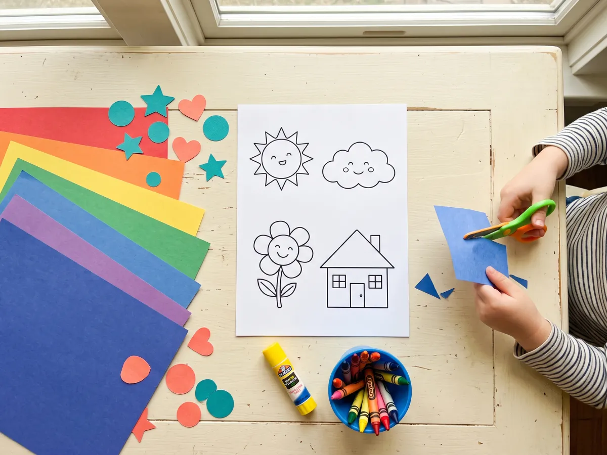 Kids craft flat-lay with paper, safety scissors, crayons and small hands cutting